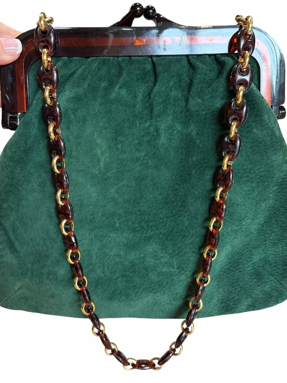 Vintage Green Suede Purse Tortoise Lucite Frame Bag Gold Chain Shoulder Italian